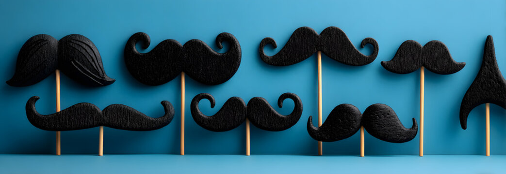 Various black photo booth props moustaches of differnt shape on blue backgroun. Greeting card for fathers day or men's health awarness month campaign concep. Flat lay, banner