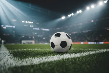 A classic black and white soccer ball rests on the bright green grass of a stadium field under dramatic stadium lights during a night game