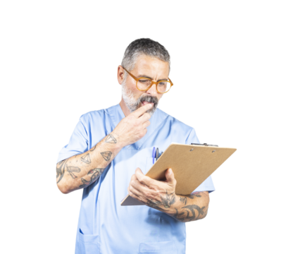Pensive doctor reading medical report on clipboard with transparent background