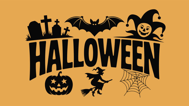Halloween icon collage with graveyard, bat, clown face, jack-o'-lantern, witch on broomstick, and spider web on orange festive background