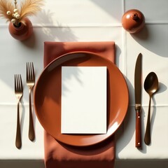 Invitation card mockup a table setting with a plate, silverware, a napkin, and a blank card on a white tablecloth top view