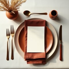 Invitation card mockup elegant table setting with terracotta accents and a blank card for personalized messages or greetings