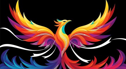Vibrant Phoenix Rising: Colorful Abstract Bird Against Black Background