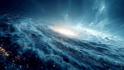 Fototapeta premium Blue Nebula Vortex And Luminous Particles Cosmic Landscape, Sci - Fi Future Style For Space - Themed Design And Digital Art