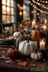 Autumnal table setting with decorative pumpkins, canles and string lights.