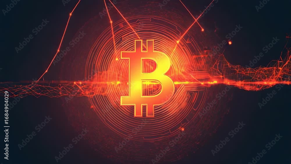 Poster bitcoin cryptocurrency shining in digital cyberspace with data flowing