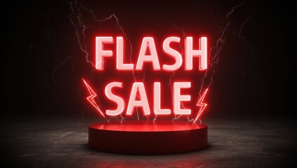Vibrant photo of red podium with lightning bolts and the words " FLASH SALE" in glowing white letters on it.