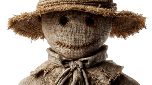 Detailed scarecrow head made of burlap with stitched mouth and button eyes, isolated transparent background