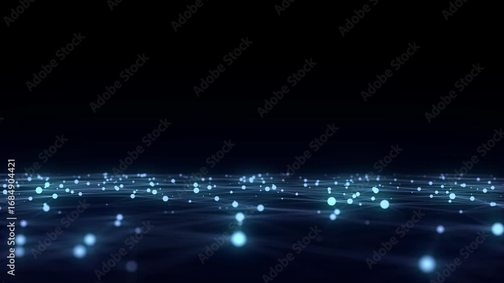 Wall mural Abstract technology wave of particles. Big data visualization. Dark background with motion dots and lines. Perspective blue grid. Digital space. Artificial intelligence. 3d rendering.