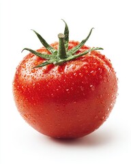 Single, ripe tomato, wet with water droplets