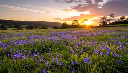 A field of vibrant purple wildflowers at sunset. A vast expanse of blooming flowers under a colorful sky