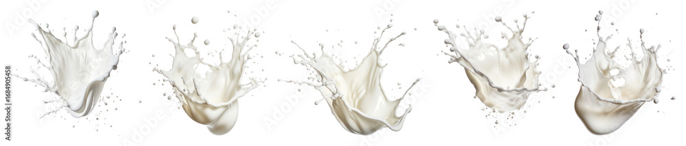 Poster png dynamic milk splash sequence, element set on transparent background