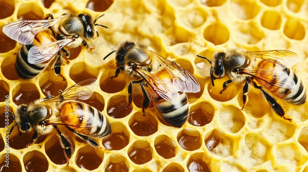 Poster bees collectively creating honey within their hexagonal honeycomb cells in a vibrant natural habitat