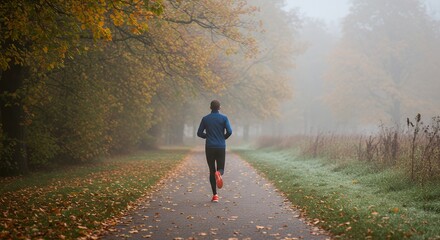 Fototapeta premium Rear view of a person jogging on a misty autumn path with fallen leaves in a park setting.