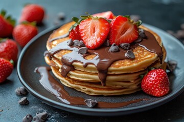 Delicious Pancakes with Strawberries and Chocolate Sauce &ndash; Sweet and Fruity Breakfast Delight.