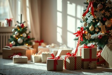 Cozy Christmas scene with soft, pastel colors and gentle lighting.
