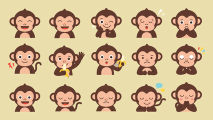 A collection of cute cartoon monkeys displaying various playful and expressive faces, perfect for children's books, educational materials, or social media