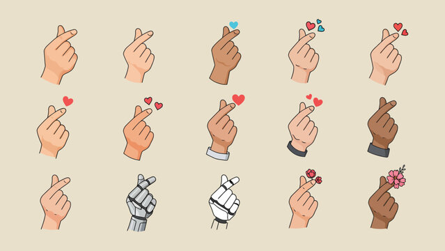 A collection of various hands, showcasing the popular Korean heart-finger gesture.