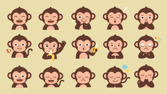 A collection of cute cartoon monkeys displaying various playful and expressive faces, perfect for children's books, educational materials, or social media