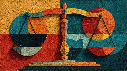Artistic abstract scales of justice symbolize balance, fairness, and legal concepts with vibrant, textured colors for modern design.