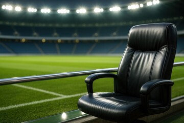 Manager chair beside football pitch with glowing stadium lights