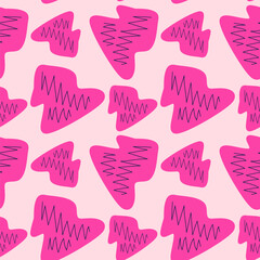 Seamless abstract pattern with pink and magenta geometric shapes on pastel pink background for fabric, wallpaper, and wrapping paper.