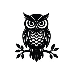 A wise cartoon owl with big eyes and brown feathers sits on a branch at night, a cute vector illustration of a wild character