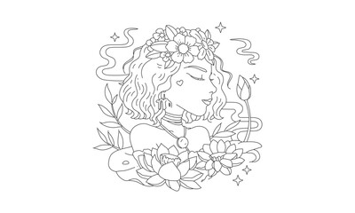 Floral Portrait of a Woman with Lotus Flowers – Elegant Line Art of Nature and Feminine Serenity