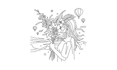 Woman Holding a Bouquet with Hot Air Balloons – Scenic Line Art of Nature and Serenity