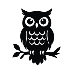 A wise cartoon owl with big eyes and brown feathers sits on a branch at night, a cute vector illustration of a wild character