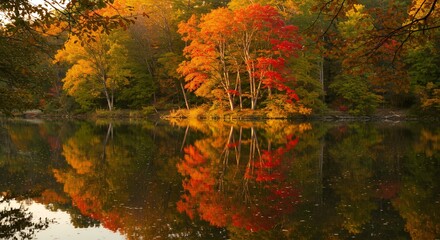 Fototapeta premium Vibrant Autumn Trees Reflected in Serene Lake Water, showcasing colorful fall foliage and tranquil nature scenery.