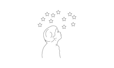 Child Gazing at Stars – Minimalist Line Art of Night Sky and Imagination