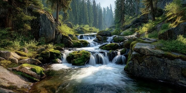Cascading Mountain Stream Flowing Over Rocks and Lush Green Moss Surrounded by Beautiful Trees.