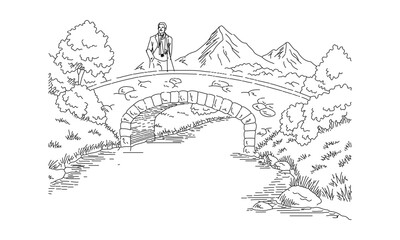 Man Standing on a Stone Bridge in Mountain Landscape – Scenic Nature Line Drawing Illustration