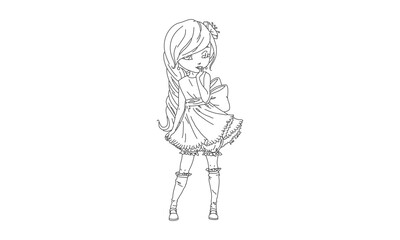 Cute Anime Girl in Dress Line Drawing – Minimalist Character Illustration