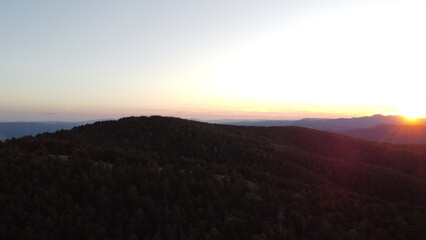 Drone aerial view of a dense green pine forest covering a mountain ridge. Scenic natural landscape with endless trees, hills, and distant horizon. Perfect for concepts of wilderness, nature conservati