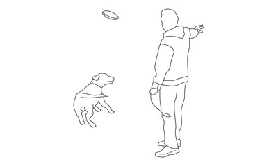 Man Playing Fetch with Dog – Minimalist Line Drawing of Outdoor Pet Activity with Frisbee