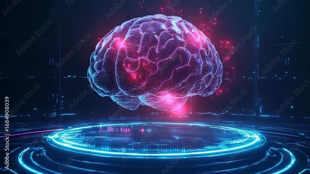 Aufkleber artificial intelligence brain floating over futuristic hologram generating big data and ideas