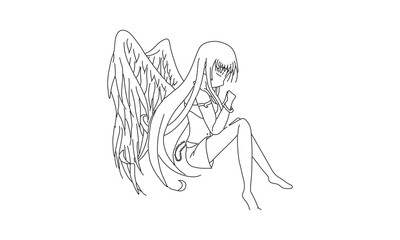 Contemplative Angel Line Drawing – Minimalist Anime Style Sitting Figure with Wings