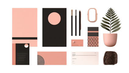 Assorted stationery and accessories in a muted peach and black color scheme