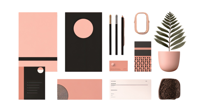 Assorted stationery and accessories in a muted peach and black color scheme