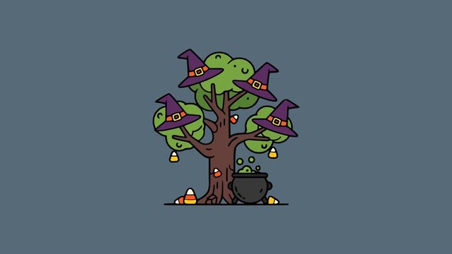 Creative Halloween vector illustration showing magical tree with purple witch hats, colorful candies, and boiling green potion cauldron