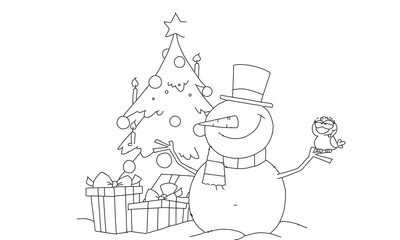 Festive Line Drawing of Snowman with Christmas Tree, Gifts, and Holiday Decorations