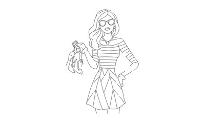 Minimalist Line Drawing of Stylish Woman Holding High Heels