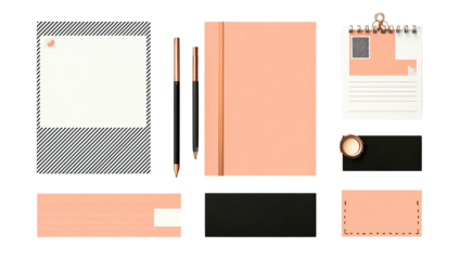 Assorted stationery items in muted peach and gray tones