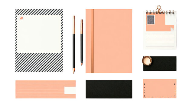 Assorted stationery items in muted peach and gray tones