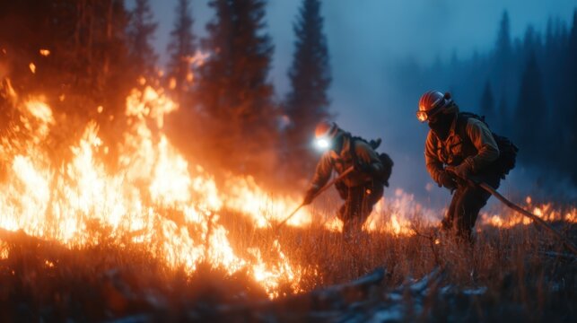 Two brave firefighters are seen battling a raging forest fire at dusk, showcasing courage, teamwork, and the fight against nature’s devastating elements during challenging times.