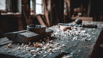 Wood shavings cover a workbench in a carpentry shop.