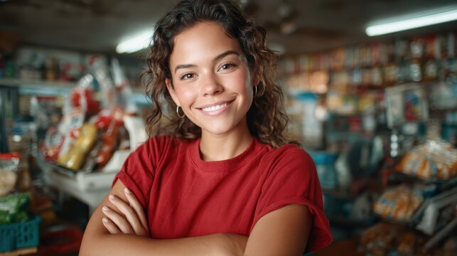 A woman smiles confidently while crossing her arms in a cozy, stocked store, showcasing the warmth of retail environments and the sense of community they foster.