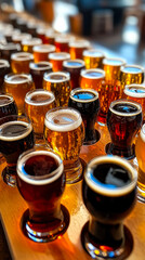Craft beer tasting flight with multiple colorful glasses of various beer types, arranged on a wooden serving tray